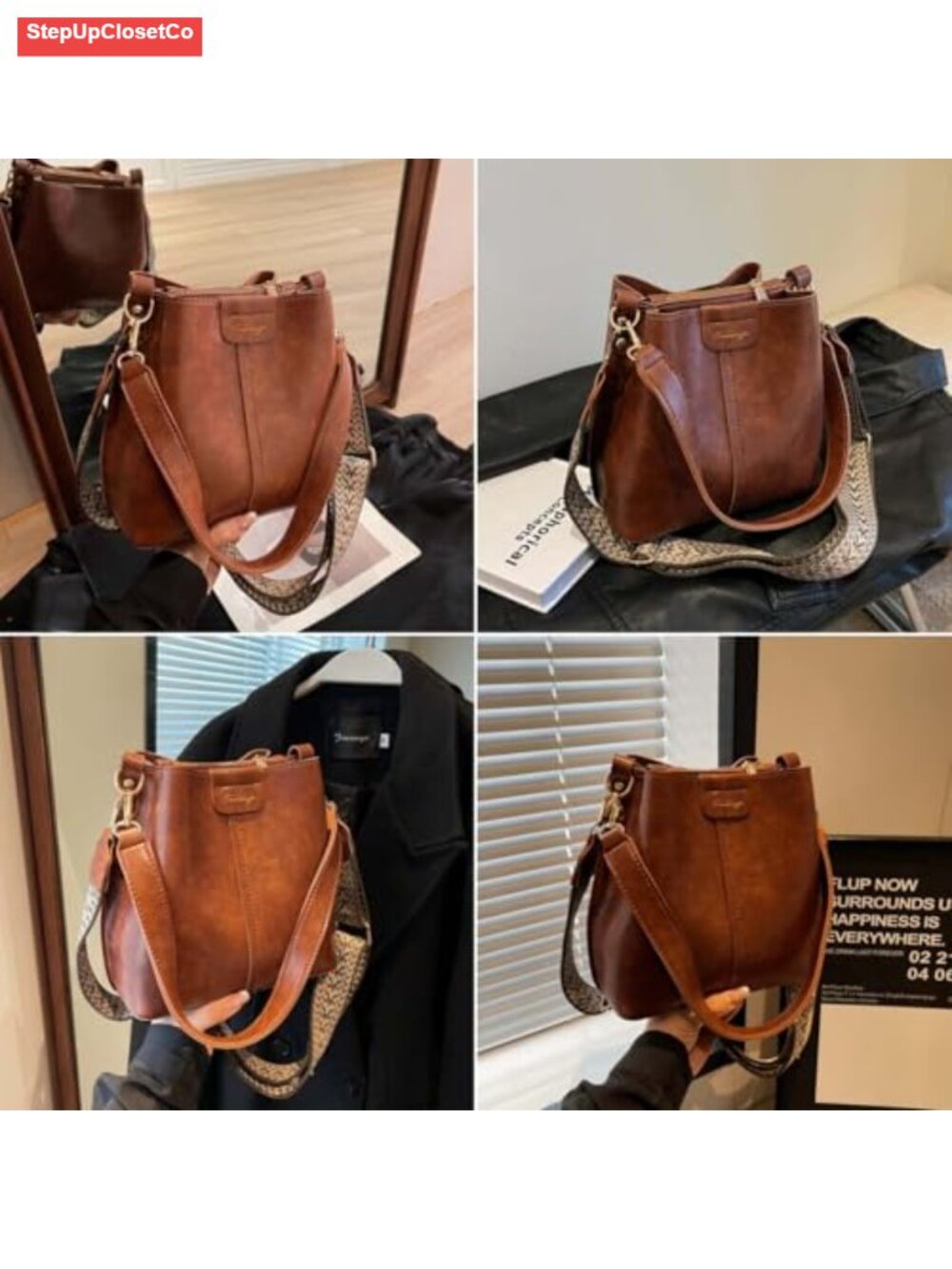 Large Capacity Vintage Bucket Crossbody Bag for Women Adjustable Strap Travel - Picture 2 of 6